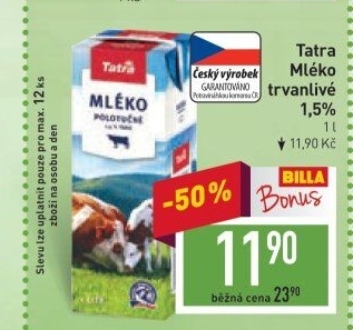 Mléko trvanlivé Tatra - 1,5% polotučné