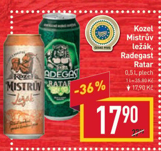 Pivo Mistrův světlý ležák Velkopopovický Kozel