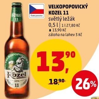Pivo světlý ležák 11° Medium Velkopopovický Kozel