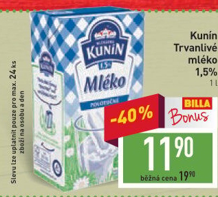 Mléko trvanlivé Mlékárna Kunín - 1,5% polotučné