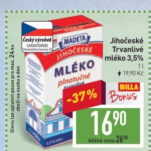 Mléko trvanlivé Jihočeské Madeta - 3,5% plnotučné