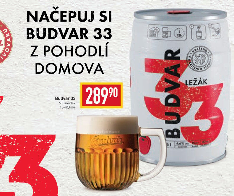 Pivo světlý ležák 33 Budweiser Budvar - soudek