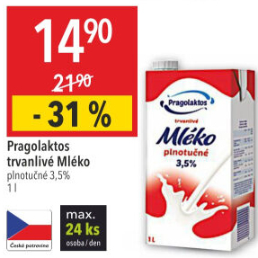 Mléko trvanlivé Pragolaktos - 3,5% plnotučné