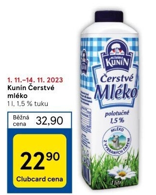 Mléko čerstvé Mlékárna Kunín - 1,5% polotučné