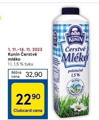 Mléko čerstvé Mlékárna Kunín - 1,5% polotučné