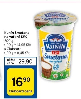 Smetana na vaření Mlékárna Kunín 12%