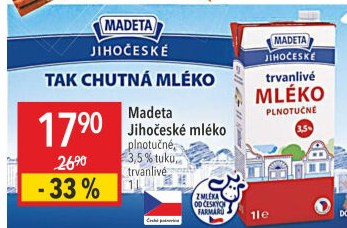 Mléko trvanlivé Jihočeské Madeta - 3,5% plnotučné