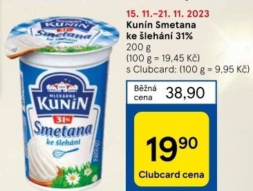 Smetana ke šlehání Mlékárna Kunín 31%