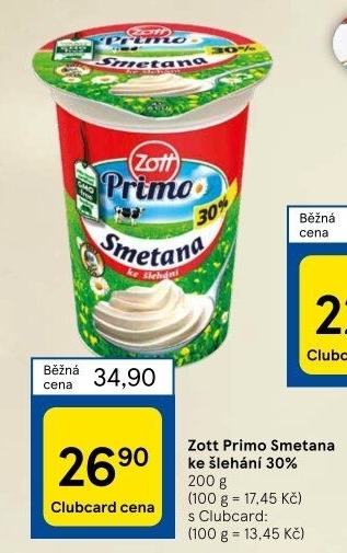 Smetana ke šlehání 30% Primo Zott