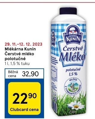 Mléko čerstvé Mlékárna Kunín - 1,5% polotučné