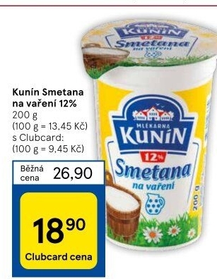 Smetana na vaření Mlékárna Kunín 12%
