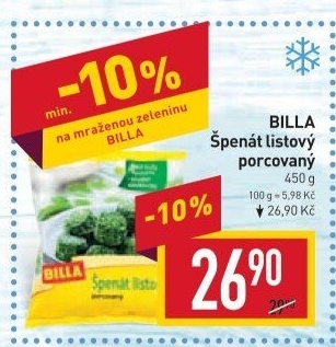 Špenát listový mražený Billa