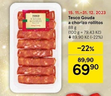 Salám chorizo rollitos s goudou Tesco
