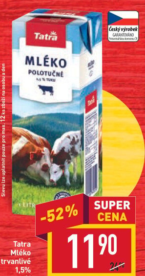 Mléko trvanlivé Tatra - 1,5% polotučné