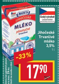 Mléko trvanlivé Jihočeské Madeta - 3,5% plnotučné