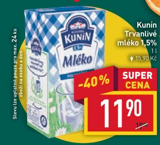 Mléko trvanlivé Mlékárna Kunín - 1,5% polotučné