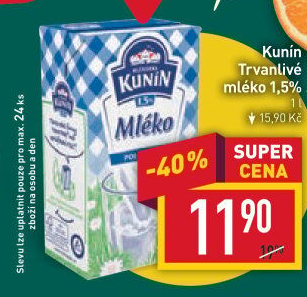Mléko trvanlivé Mlékárna Kunín - 1,5% polotučné