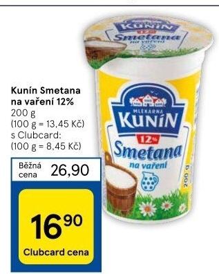 Smetana na vaření Mlékárna Kunín 12%
