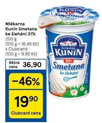 Smetana ke šlehání Mlékárna Kunín 31%