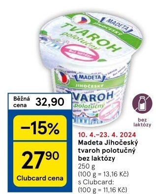 Tvaroh polotučný bez laktózy Jihočeský Madeta