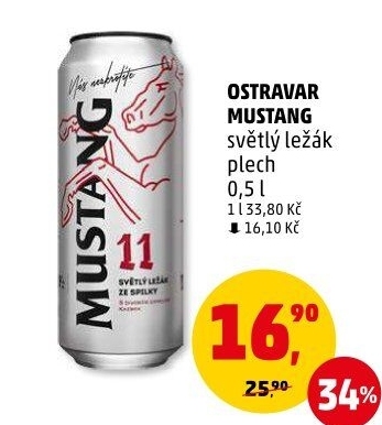 Pivo světlý ležák Mustang 11° Ostravar