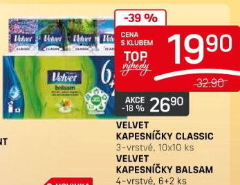 Kapesníčky papírové 3vrstvé Velvet