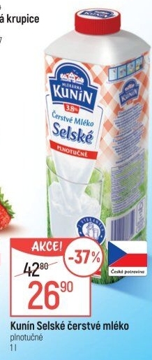 Mléko čerstvé selské Mlékárna Kunín -plnotučné
