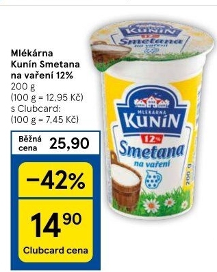 Smetana na vaření Mlékárna Kunín 12%