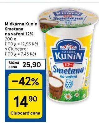 Smetana na vaření Mlékárna Kunín 12%