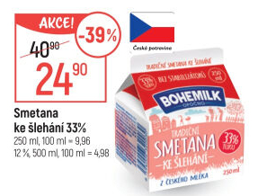 Smetana ke šlehání 33% Bohemilk Opočno