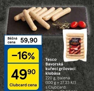 Bavorská klobása kuřecí Grill Master Tesco