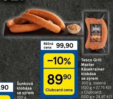 Klobása se sýrem Käsekrainer Grill Master Tesco