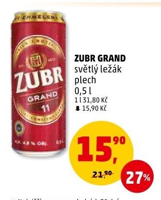 Pivo světlý ležák 11° Grand Pivovar Zubr