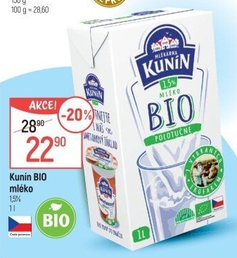 Mléko trvanlivé bio Mlékárna Kunín - 1,5% polotučné