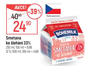 Smetana ke šlehání 33% Bohemilk Opočno