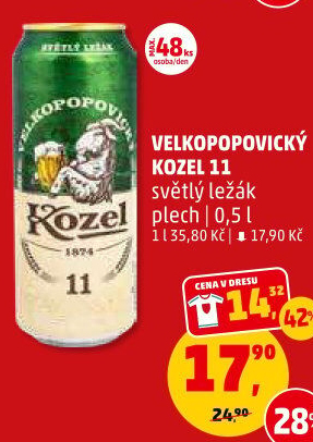 Pivo světlý ležák 11° Medium Velkopopovický Kozel