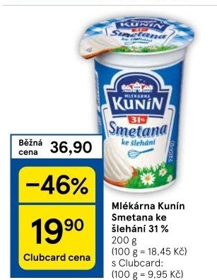 Smetana ke šlehání Mlékárna Kunín 31%