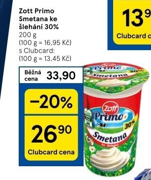 Smetana ke šlehání 30% Primo Zott