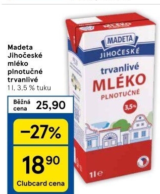 Mléko trvanlivé Jihočeské Madeta - 3,5% plnotučné