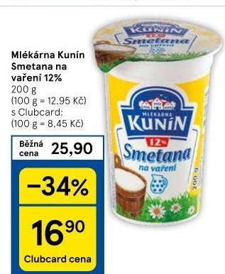 Smetana na vaření Mlékárna Kunín 12%