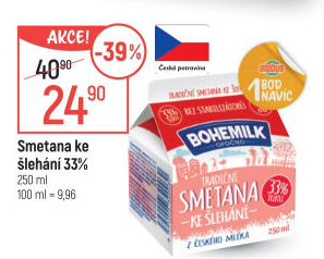 Smetana ke šlehání 33% Bohemilk Opočno