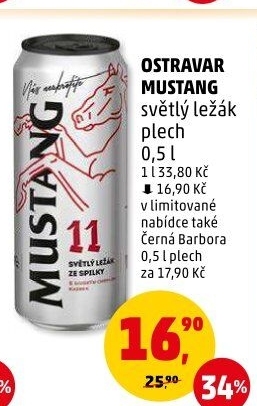 Pivo světlý ležák Mustang 11° Ostravar