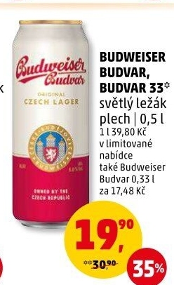 Pivo světlý ležák Original Budweiser Budvar
