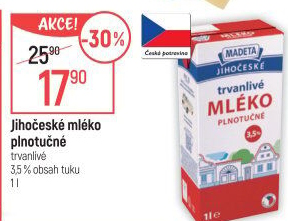 Mléko trvanlivé Jihočeské Madeta - 3,5% plnotučné