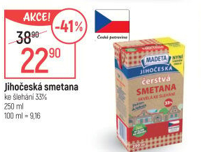 Smetana čerstvá ke šlehání Jihočeská Madeta 33%