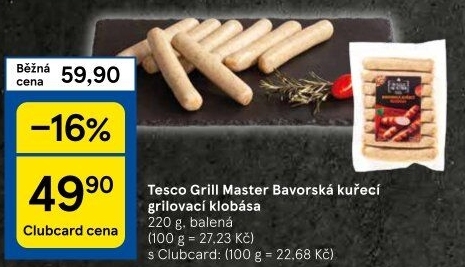 Bavorská klobása kuřecí Grill Master Tesco