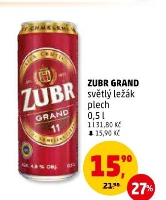Pivo světlý ležák 11° Grand Pivovar Zubr