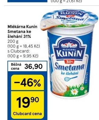 Smetana ke šlehání Mlékárna Kunín 31%