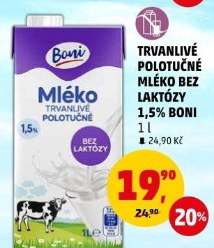 Mléko trvanlivé bez laktózy Boni - 1,5% polotučné