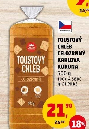 Toustový chléb celozrnný Karlova Koruna